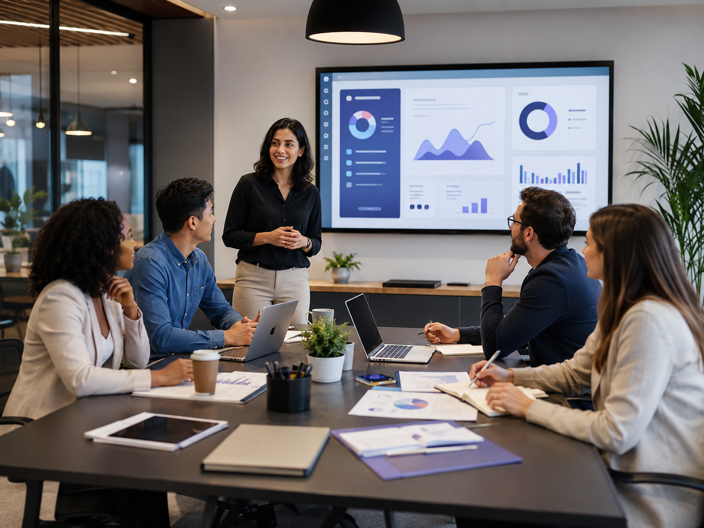 Business consultants collaborating in a modern meeting room