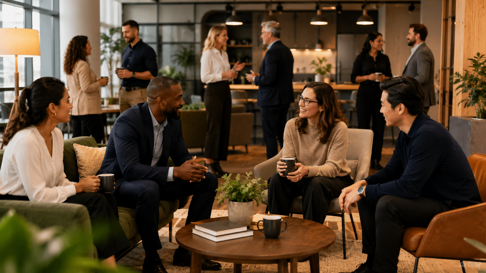 Diverse professionals networking in a modern office lounge