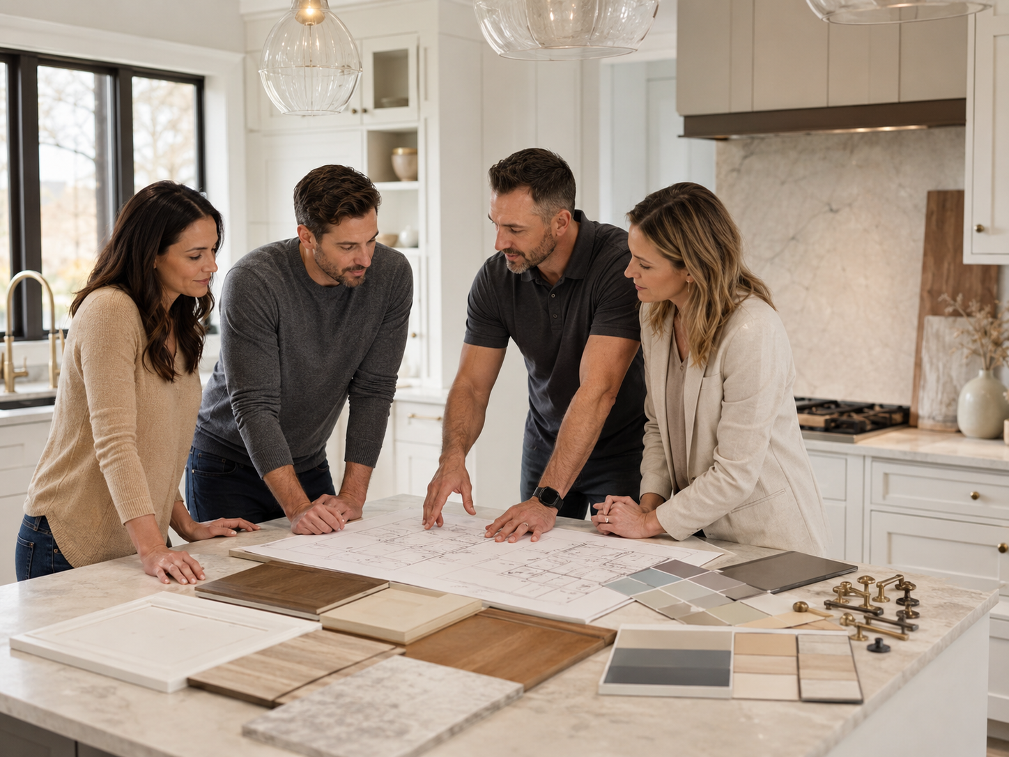 Home professionals reviewing renovation plans in a modern kitchen