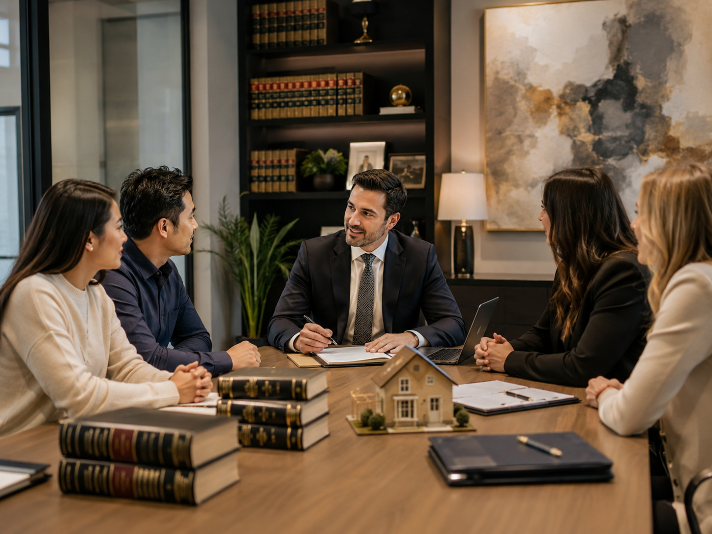 Legal professionals consulting with clients in a conference room
