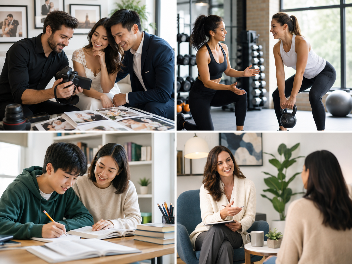 Collage of lifestyle professionals including photographer, trainer, tutor, and coach