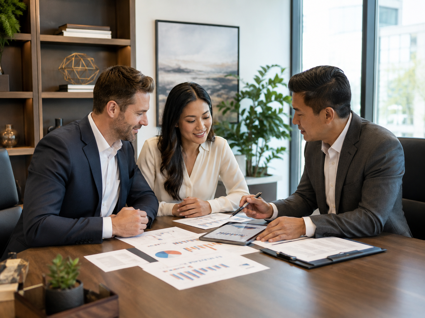 Financial advisor meeting with clients in an office